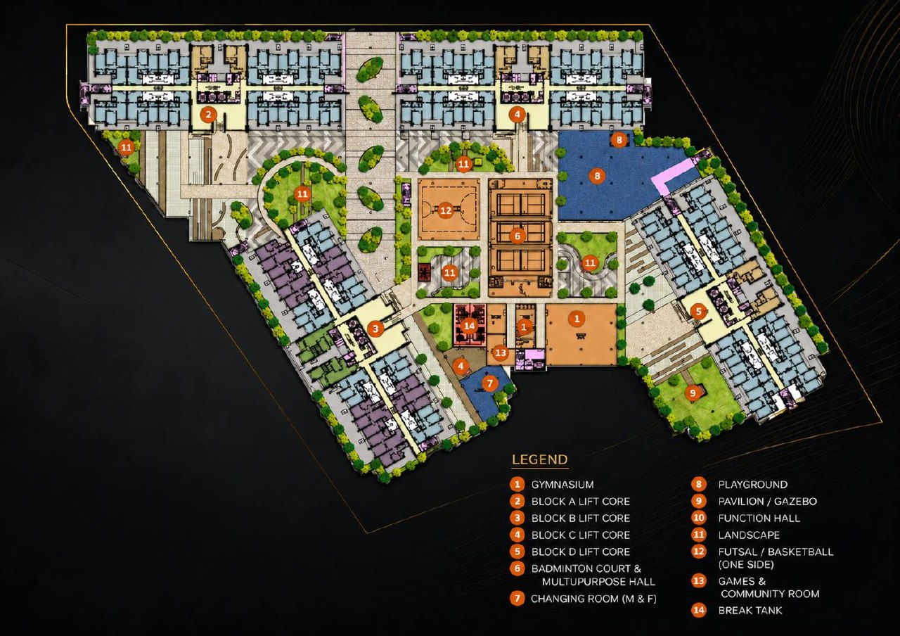 Facilities floor plan — gym, courts, function hall and playground on one podium level